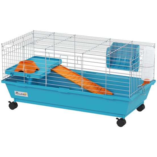 Cage lapin cobaye métal rongeur distributeur foin roulettes 89x44x43cm bleu