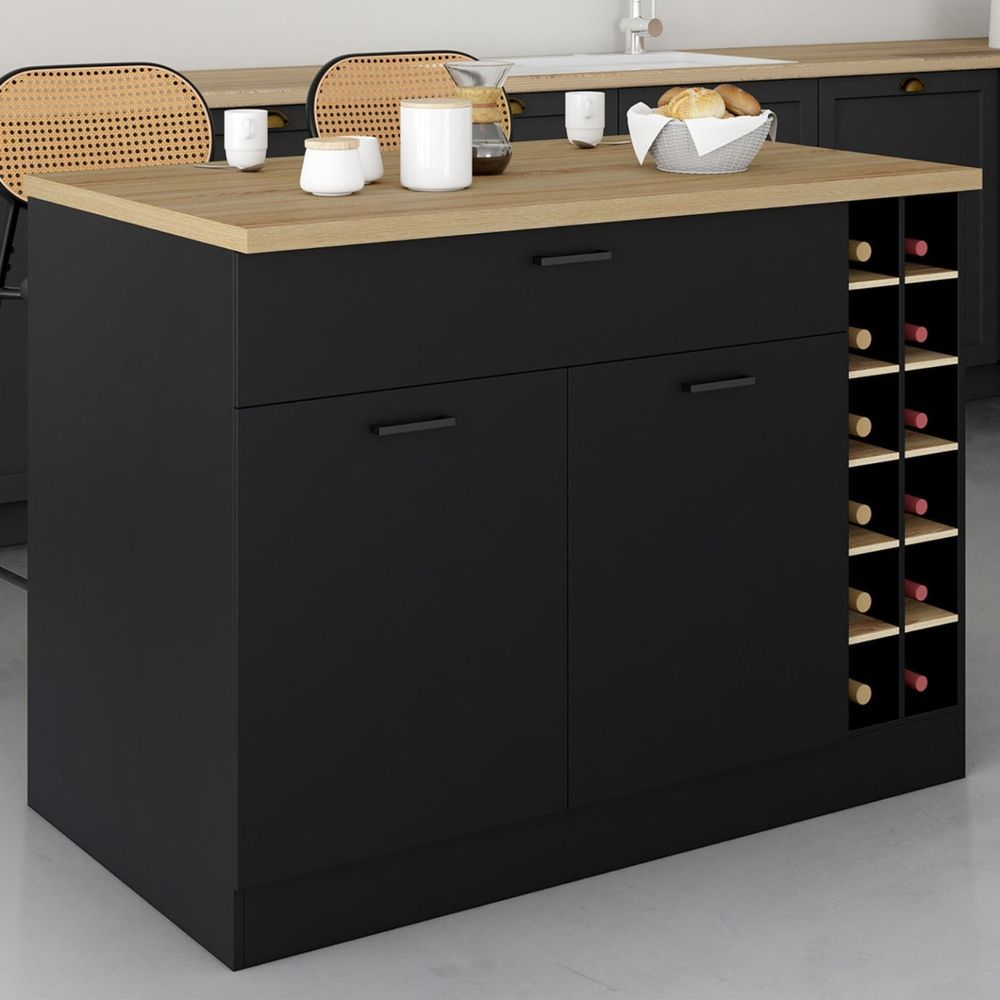 Ilot central george avec range-bouteilles placard et tiroir bois noir avec plan de travail façon hêtre
