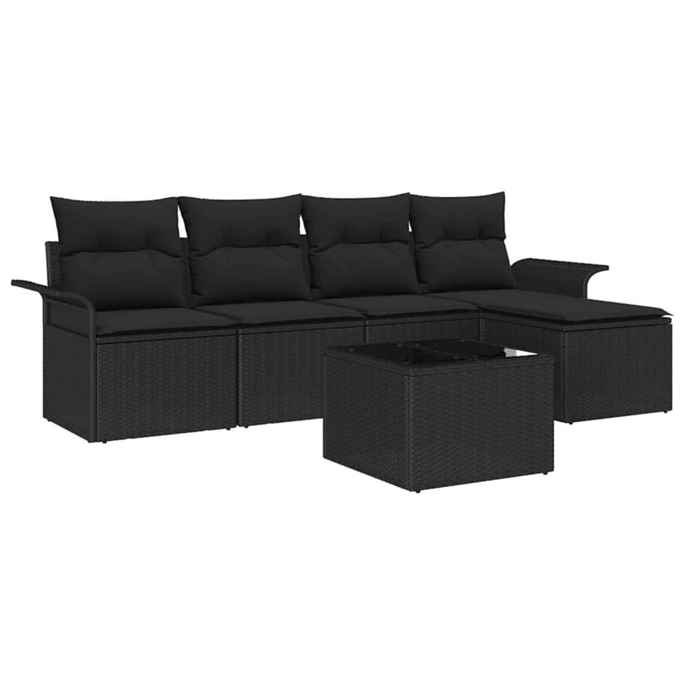 Canapé d’extérieur avec coussin 6 pcs noir polyrotin