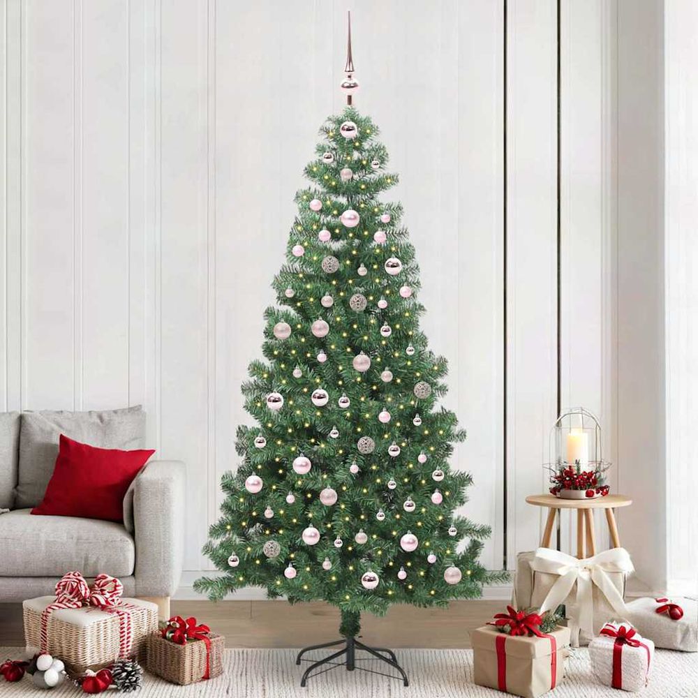 Arbre de noël artificiel xxl 240 cm, pré-illuminé 300 led et décoré (121 pcs), pour intérieur/extérieur