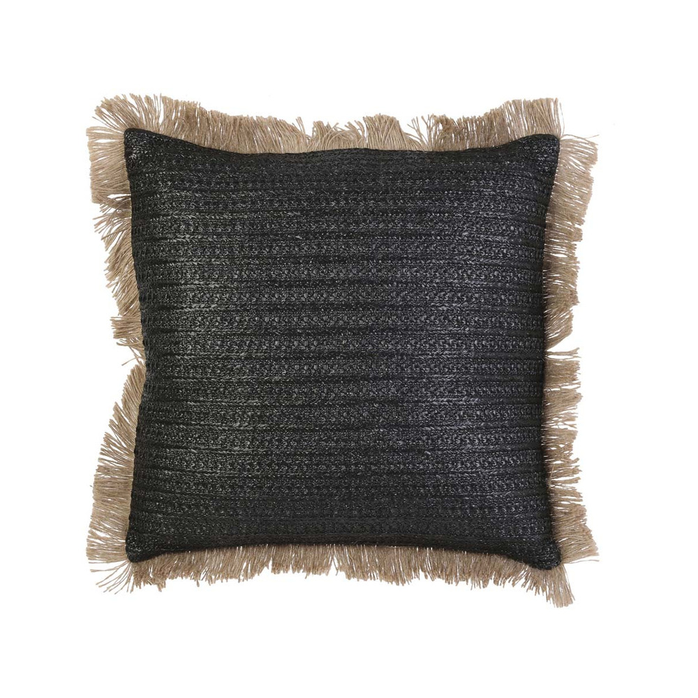Coussin à franges en raphia 40 cm noir