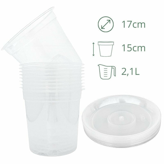 Lot x10 pots transparents - pot de 17cm - pots avec soucoupes adaptées