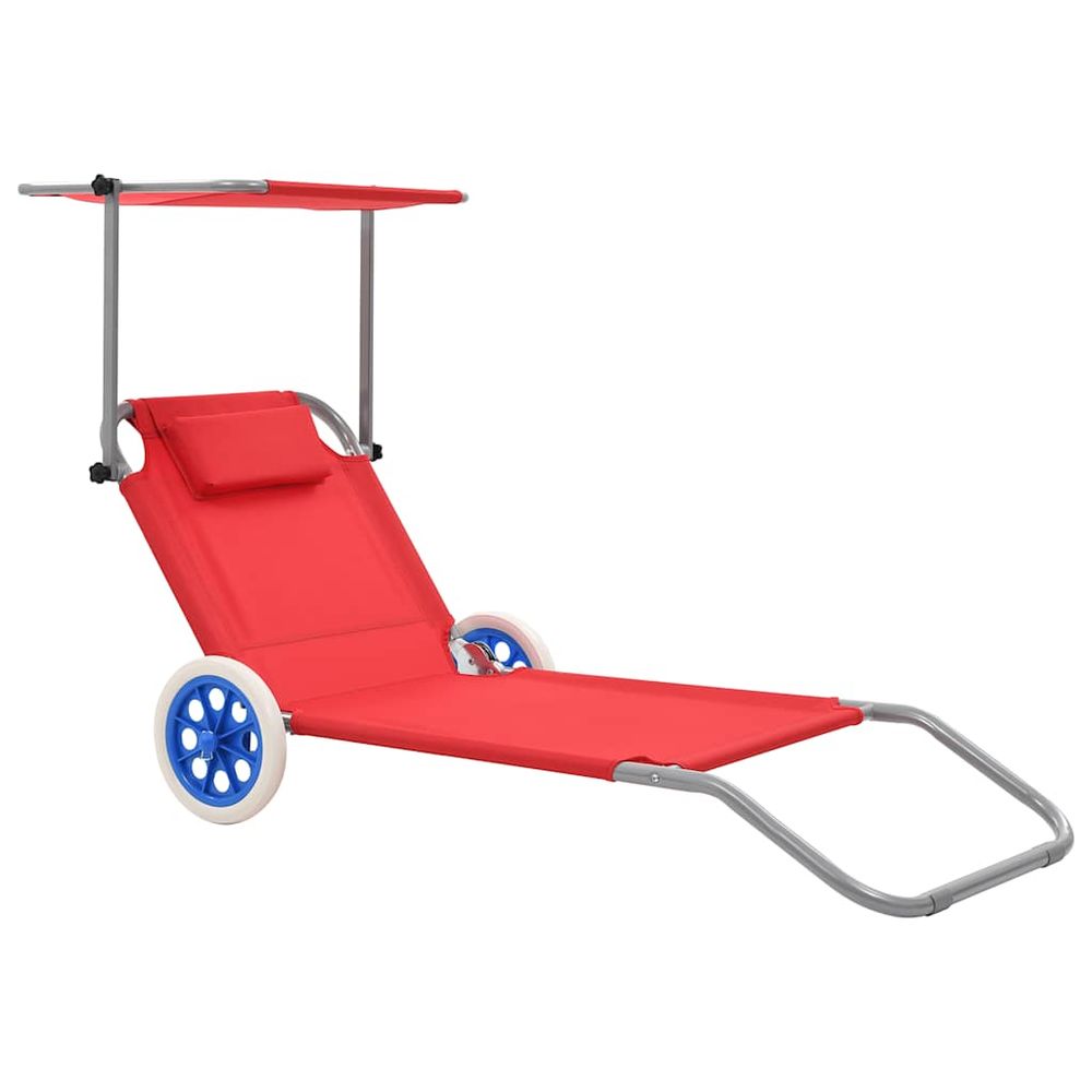 Chaise longue pliable avec auvent et roues acier rouge