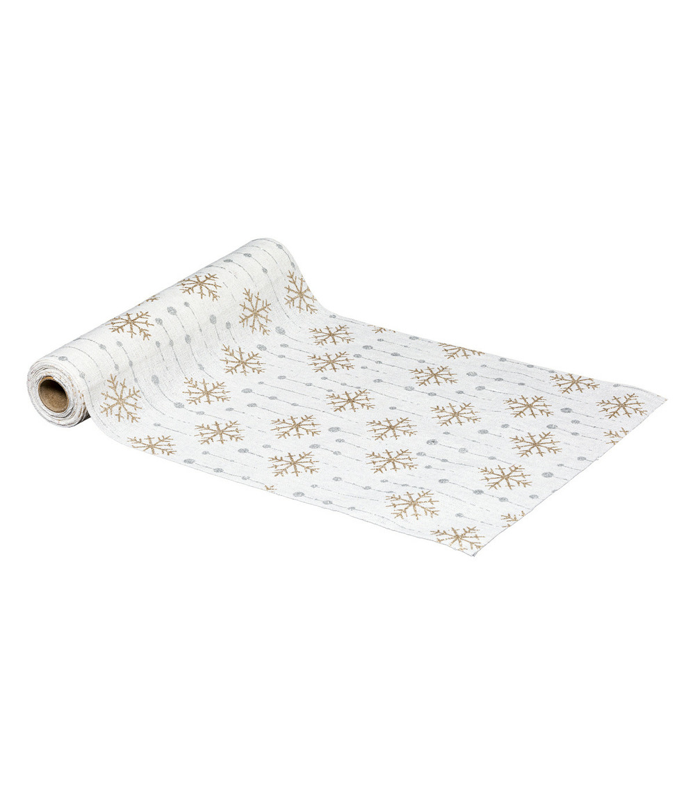 Chemin de table tissu blanc imprimé flocon doré et goutte argenté 28 x 300 cm
