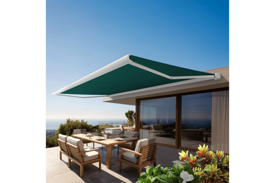 Store banne coffre intégral protect 2 led smart blanc 4,05x3,5m motorisé à télécommande + capteur vent + eclairage led - toile vert