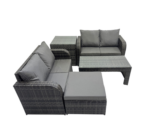 Dossier haut salon de jardin avec canapé d'amour table basse rectangulaire grand tabouret table d'appoint gris foncé mixte