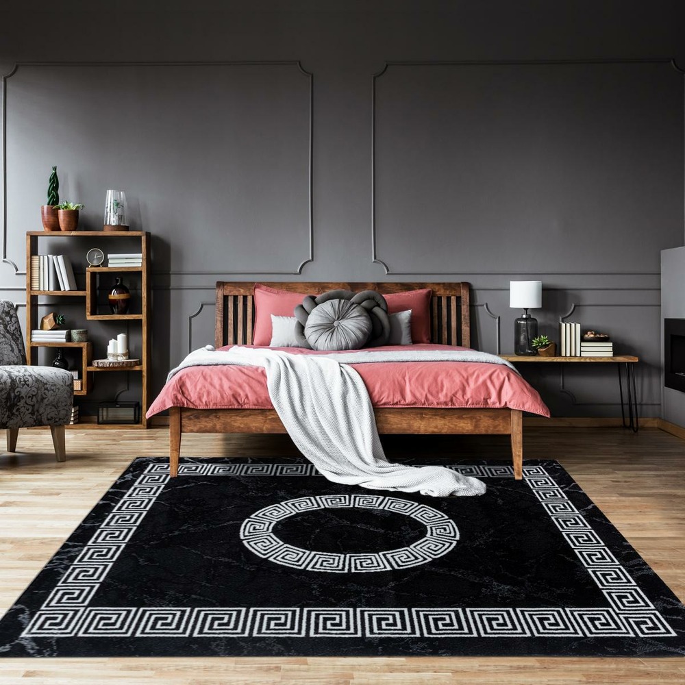 Tapis chambre 160x230 tissé noir et blanc rectangle motif baroque sapuri