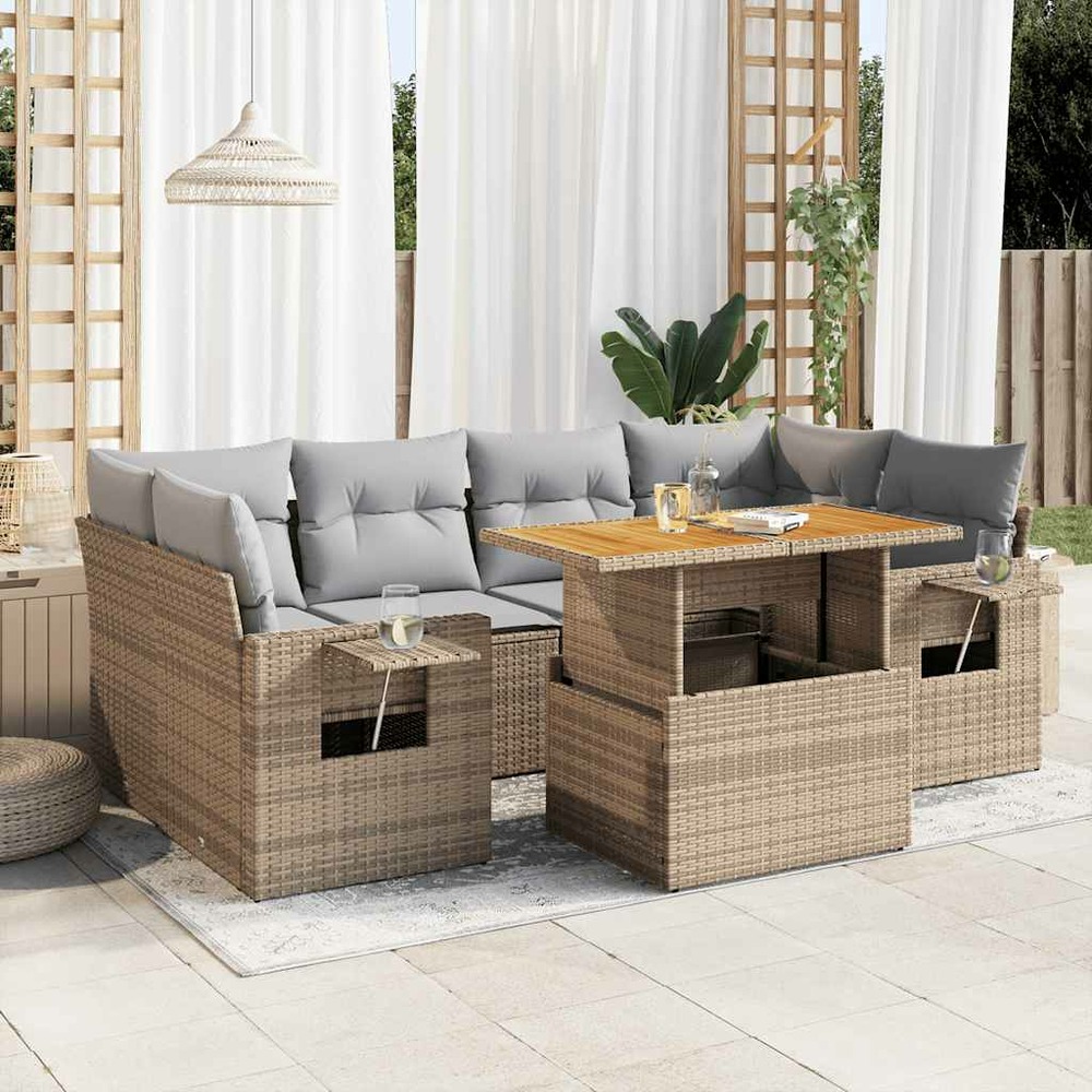 Salon de jardin avec coussins 7 pcs beige résine tressée