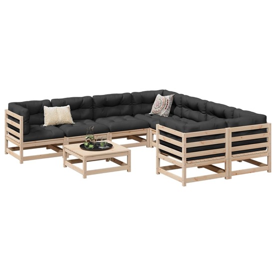 Salon de jardin 9 pcs avec coussins bois de pin massif
