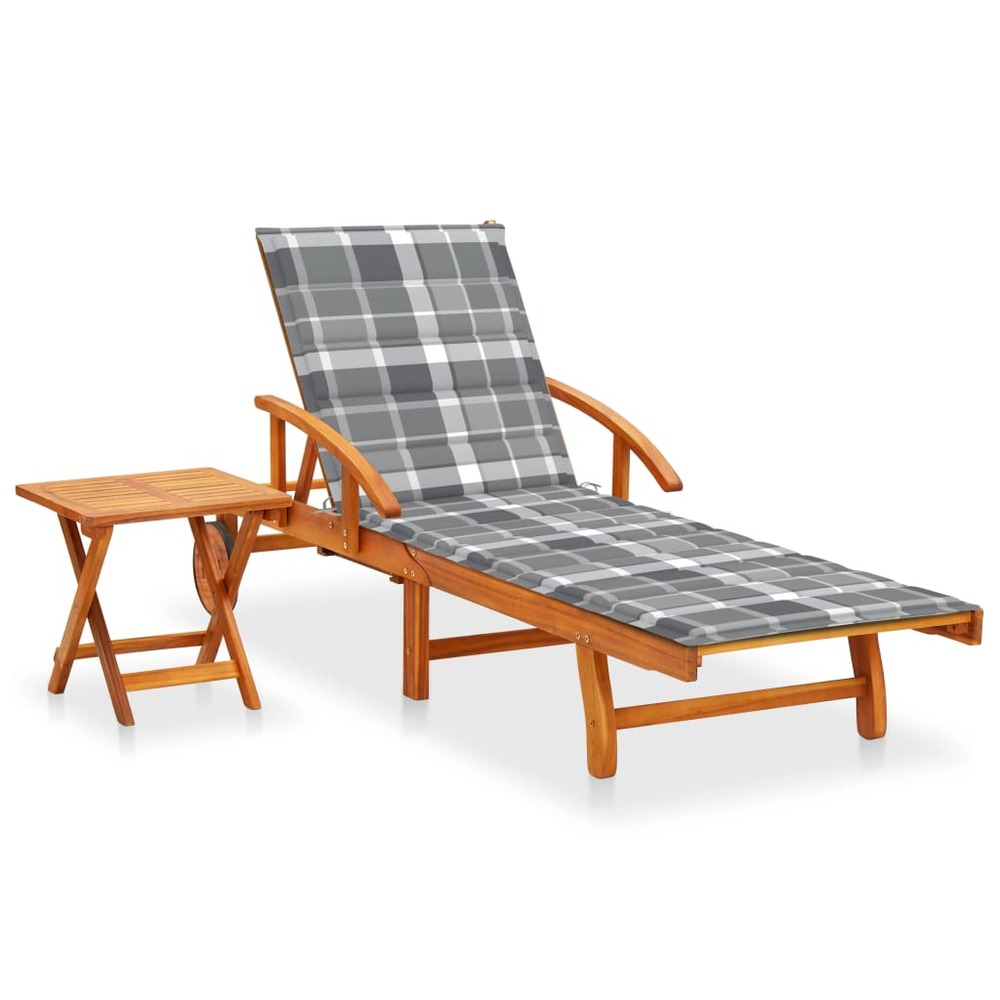Transat chaise longue bain de soleil lit de jardin terrasse meuble d'extérieur avec table et coussin bois d'acacia