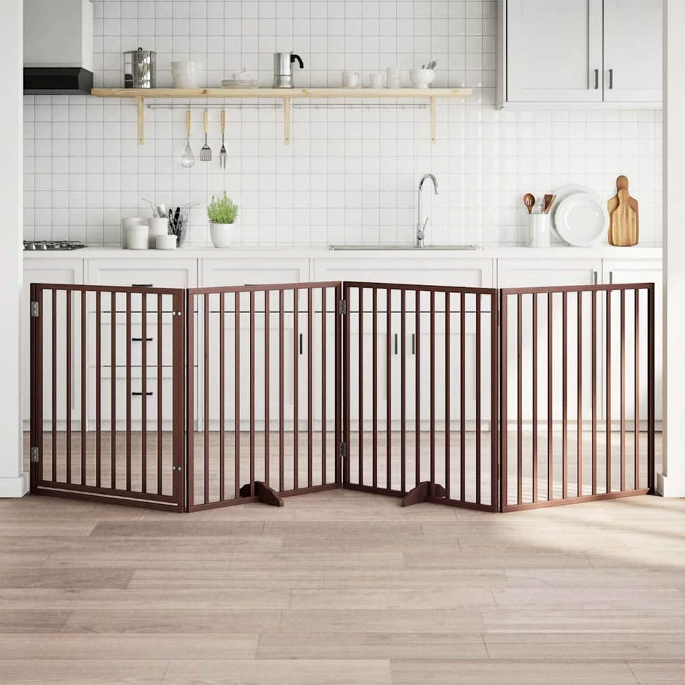 Grand parc chien modulable et haut 4 panneaux bois avec porte marron 320x90 cm