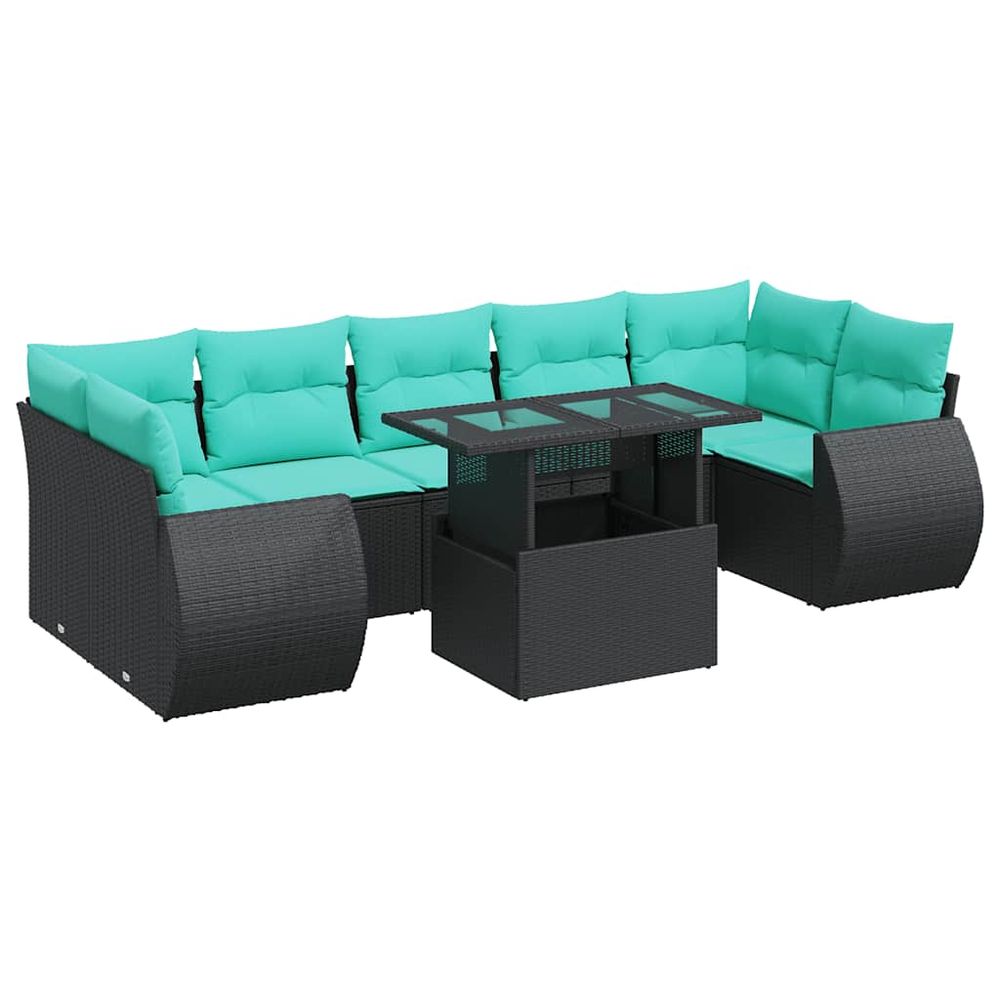 Salon de jardin avec coussins 8 pcs noir résine tressée acacia