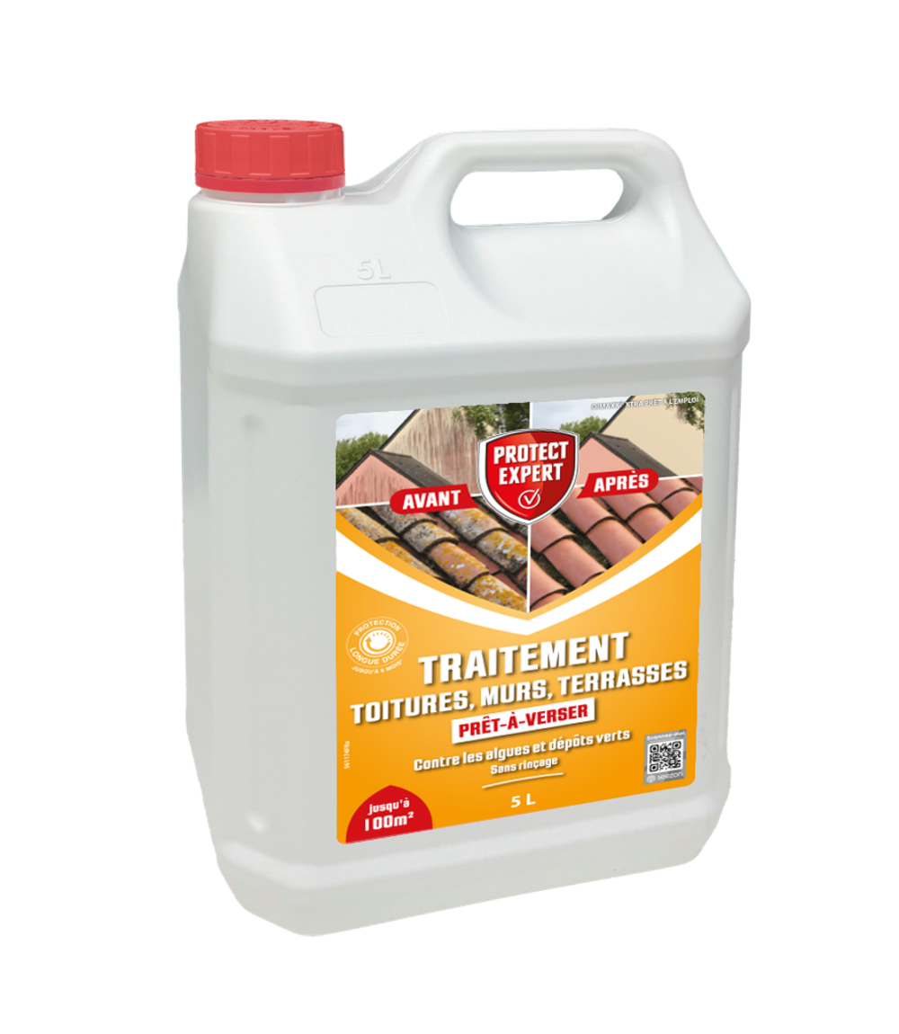 Protect expert traitement terrasses toitures & murs - contre les algues lichens & dépôts verts - prêt-à-verser - 5l amtpb5n