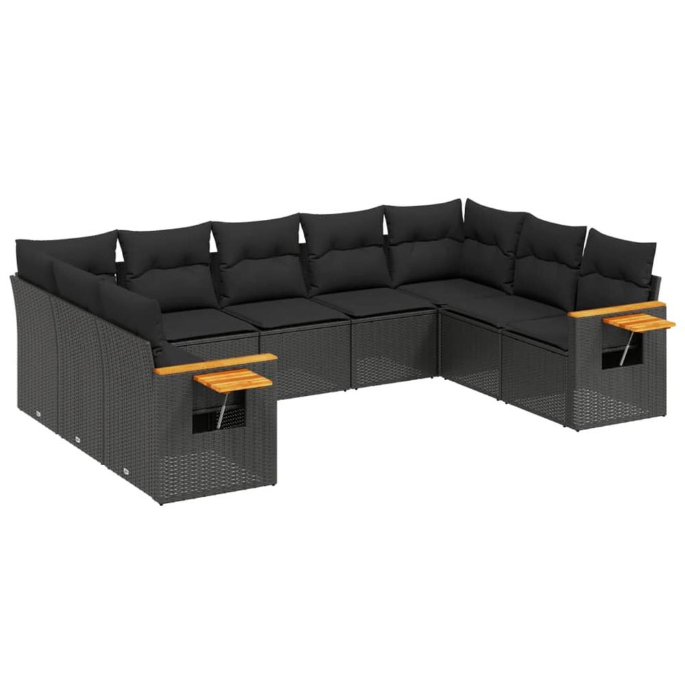 Salon de jardin 9 pcs avec coussins noir résine tressée