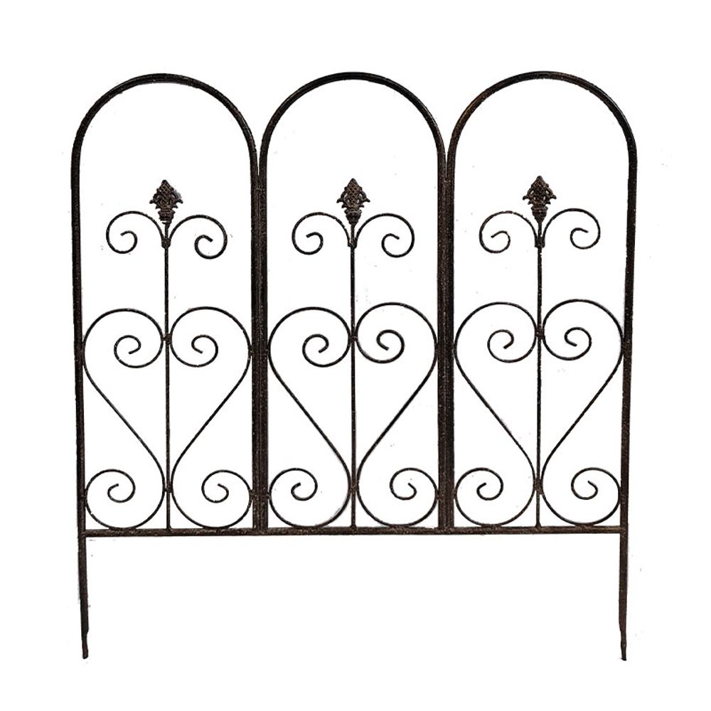 Barrière de jardin basse volutes et arches en fer patiné marron 70x78cm