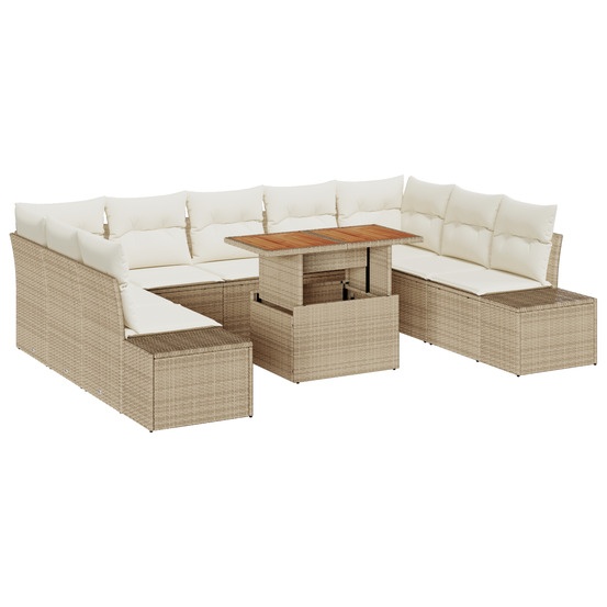 Ensemble de salle à manger de jardin de 10 pièces avec coussins en beige, poly rotin et acacia