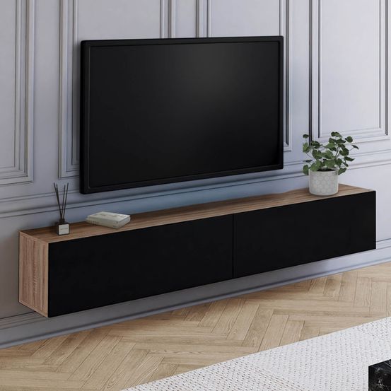 Meuble tv 180 cm suspendu elio 2 portes bois et noir