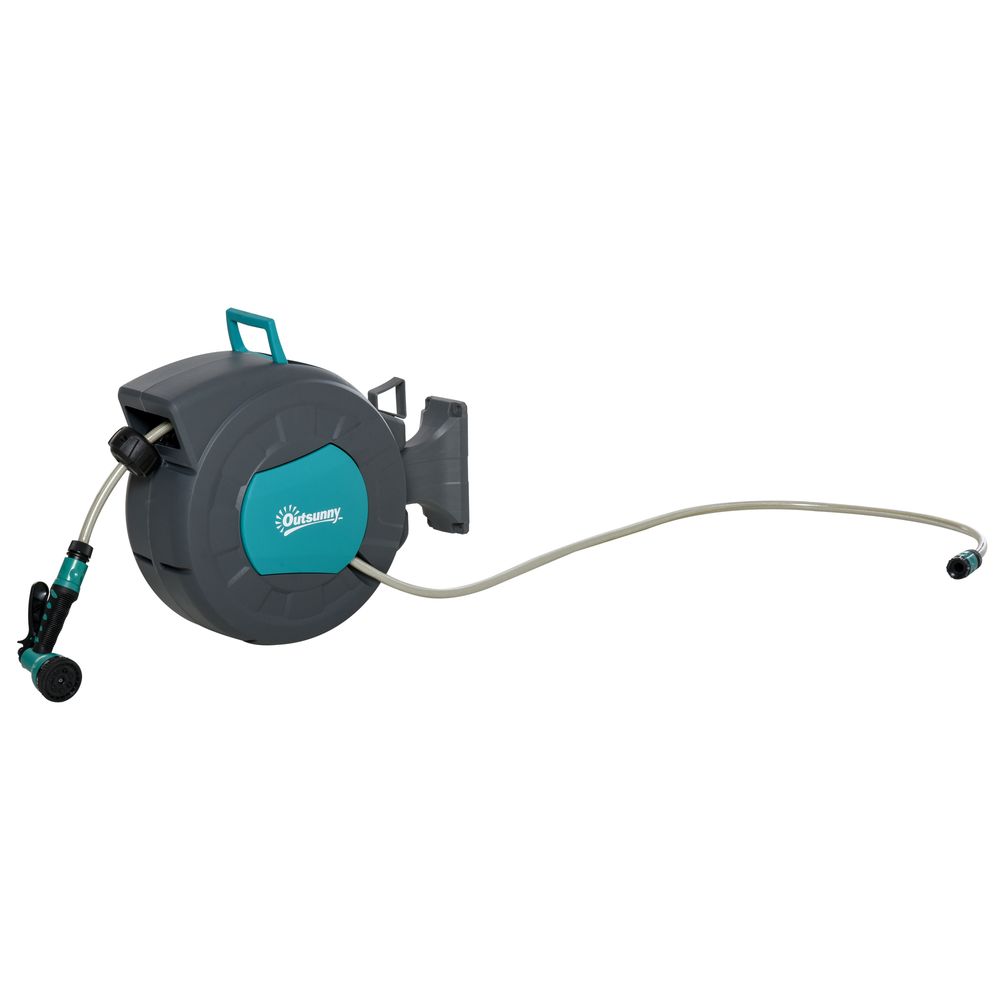 Dévidoir mural enrouleur automatique pivotant 180° tuyau 15 + 1,4 m avec lance arrosage support mural intégré turquoise gris