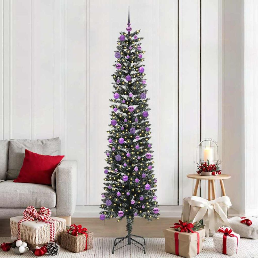 Sapin de noël design lumineux 210 cm, kit complet avec 120 boules et guirlande 300 led
