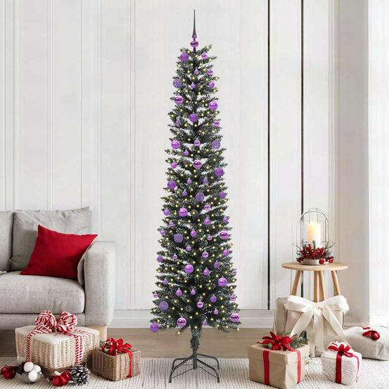 Sapin de noël design lumineux 210 cm, kit complet avec 120 boules et guirlande 300 led