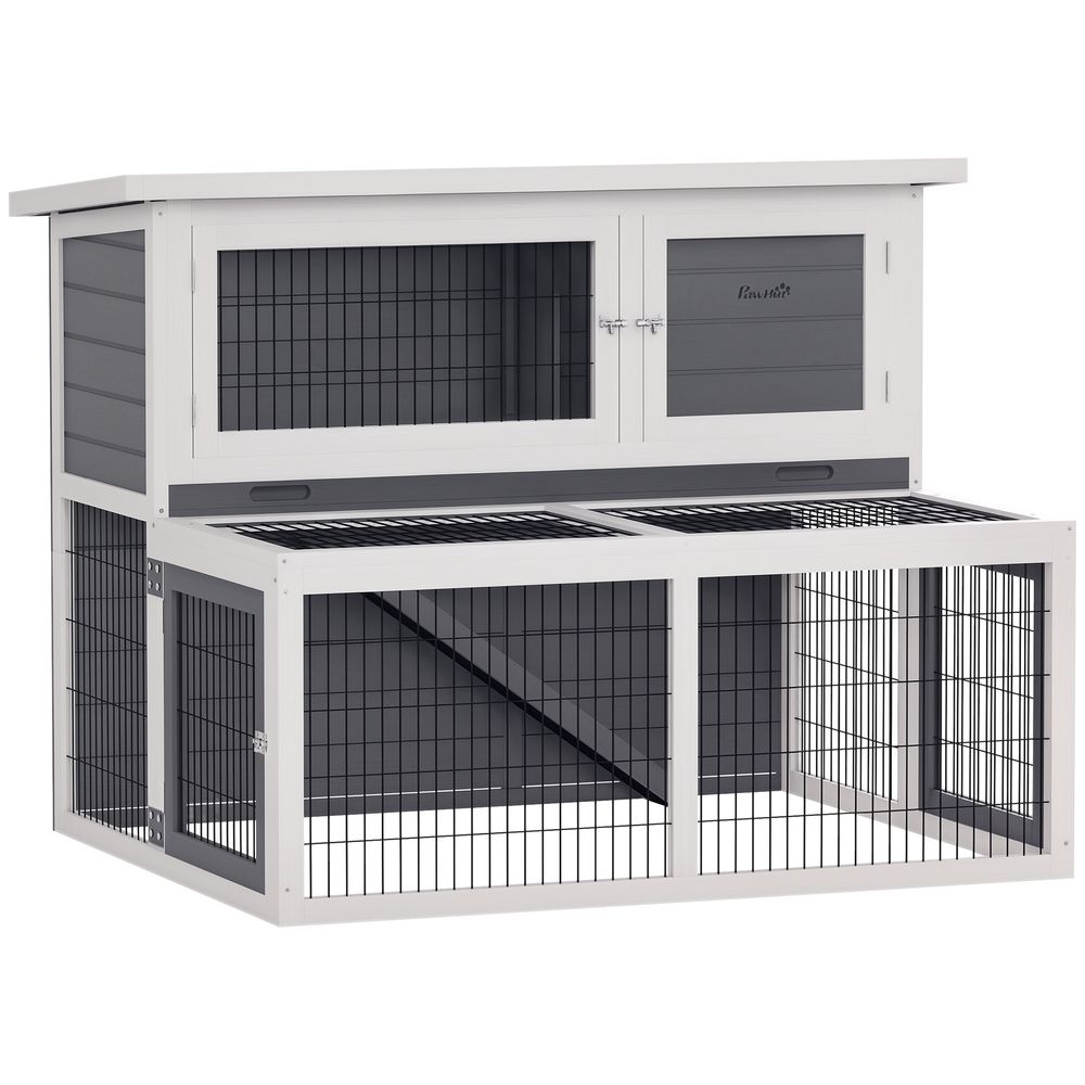 Clapier lapin bois massif gris 122 x 95 x 93,5 cm 2 niveaux abri extérieur hiver