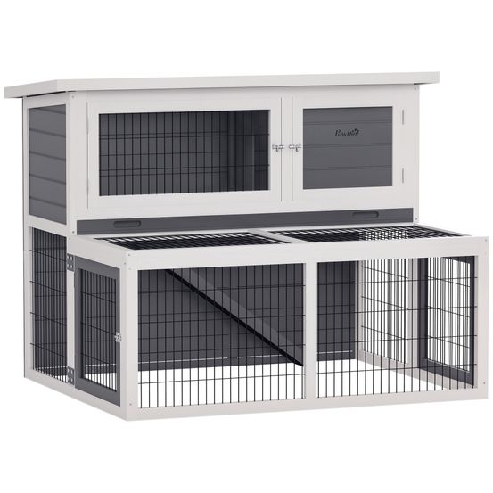 Clapier lapin bois massif gris 122 x 95 x 93,5 cm 2 niveaux abri extérieur hiver