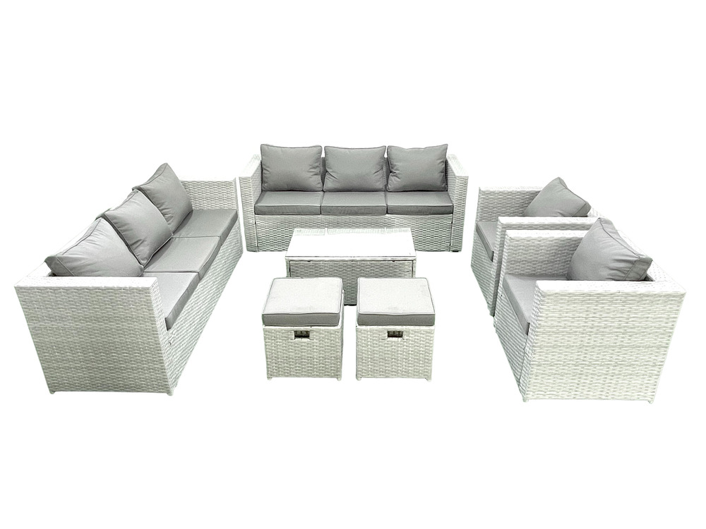 Salon de jardin en rotin avec 2 fauteuil table basse oblongue 2 petits tabourets gris clair mixte