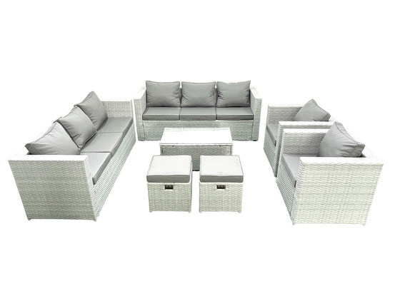 Salon de jardin en rotin avec 2 fauteuil table basse oblongue 2 petits tabourets gris clair mixte