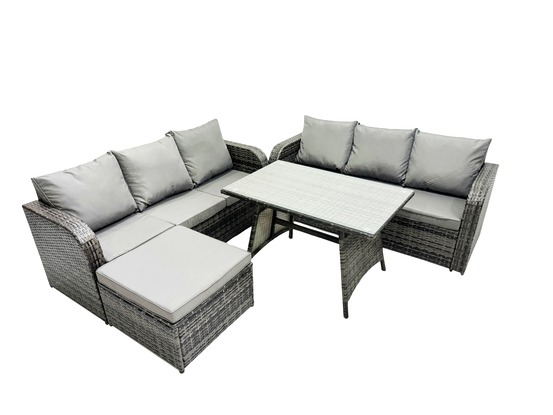 7 places garden furniture canapé set table à manger rectangulaire grand tabouret intérieur extérieur rattan set gris foncé mixte