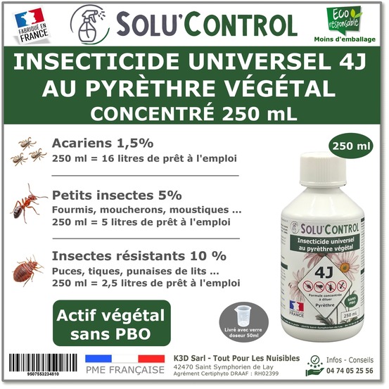 Solu’control insecticide végétal 4j concentré 250 ml – actifs 100% végétaux, pyréthrines naturelles & huiles essentielles –acariens