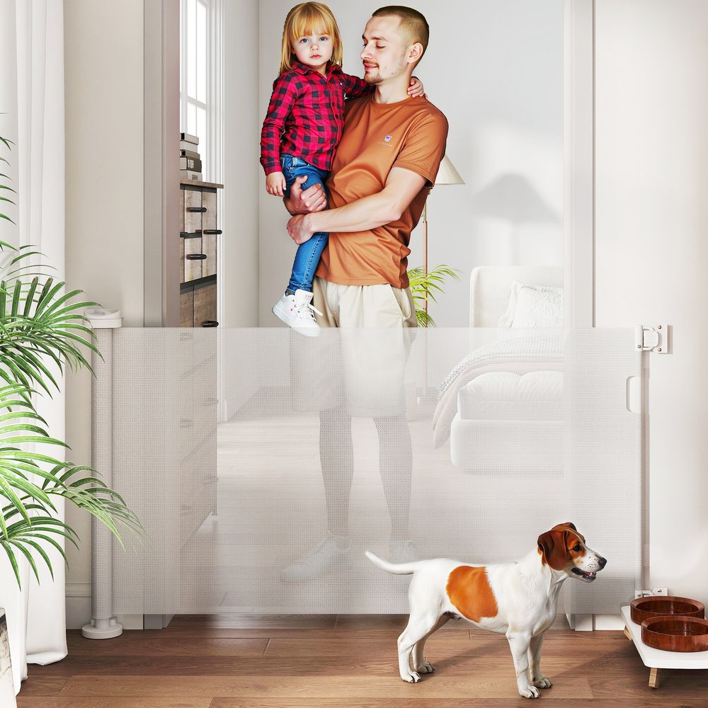 Barrière rétractable pour chien en aluminium et maille blanche 142 x 10 x 87 cm pour portes et escaliers sans seuil