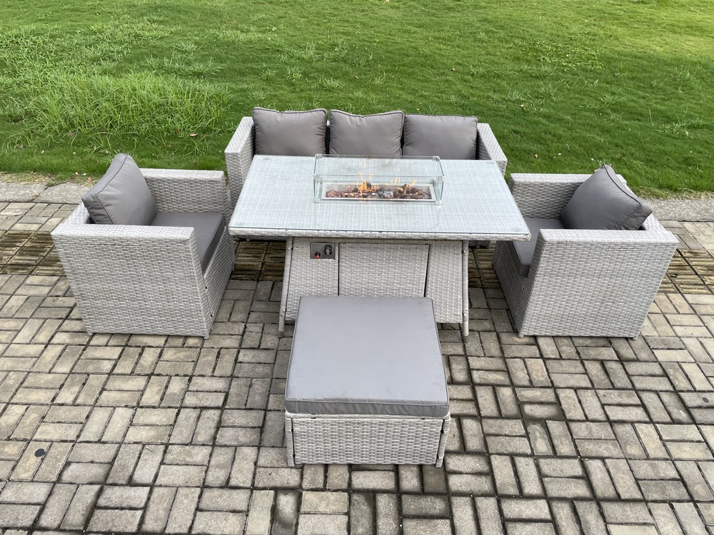 6 places ensemble meuble de jardin en rotin ave canapé et 2 fauteuil,tabourets pour pelouse terrasse intérieure gris clair