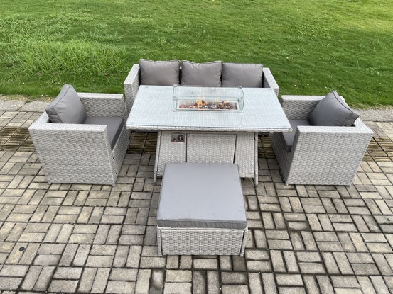 6 places ensemble meuble de jardin en rotin ave canapé et 2 fauteuil,tabourets pour pelouse terrasse intérieure gris clair