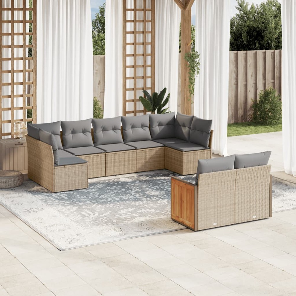 Salon de jardin avec coussins 9 pcs beige résine tressée