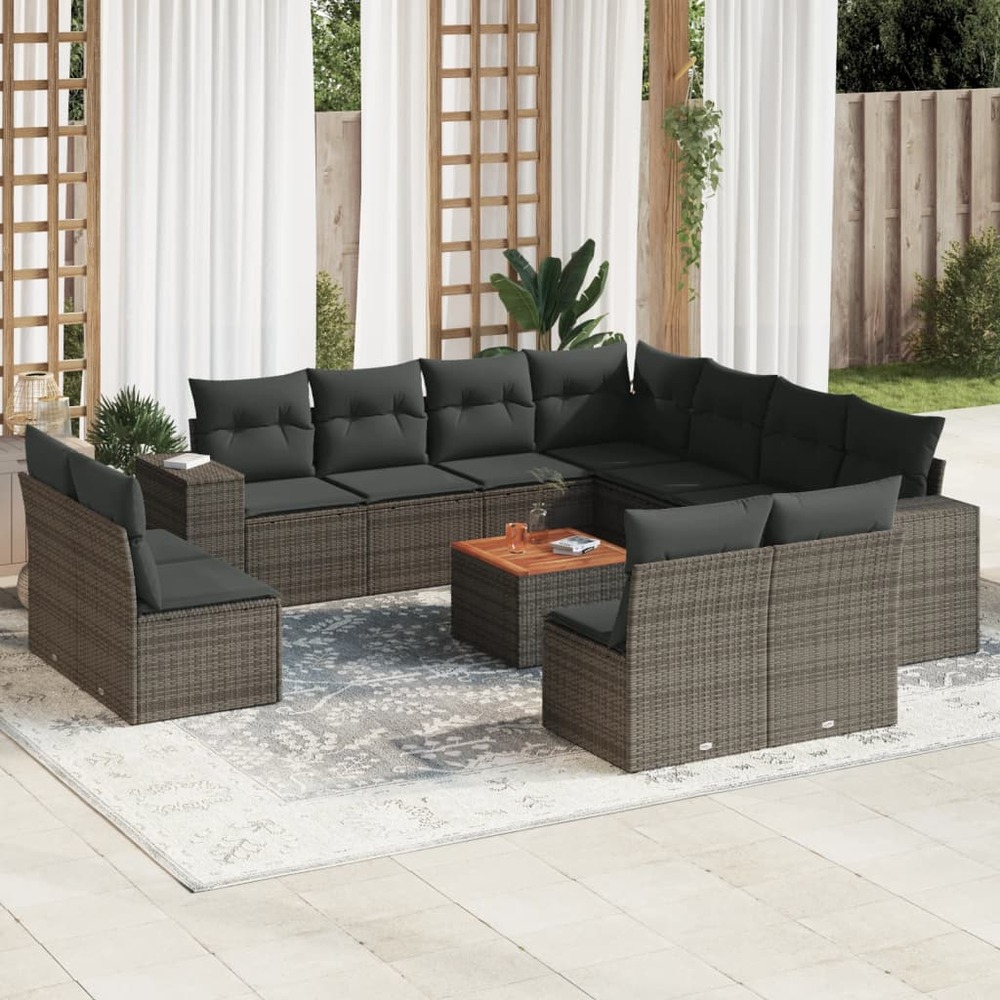 Salon de jardin avec coussins 12 pcs gris résine tressée