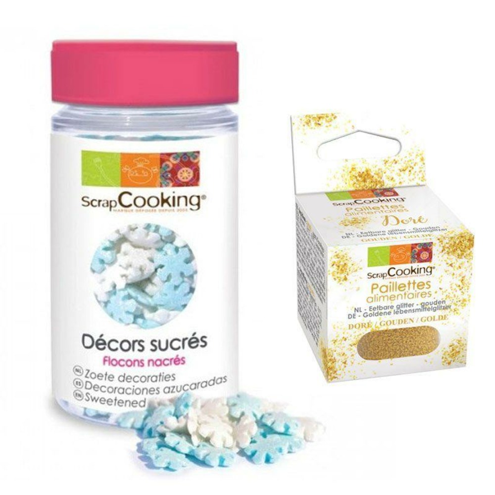 Décors sucrés flocons nacrés 50 g + paillettes dorées