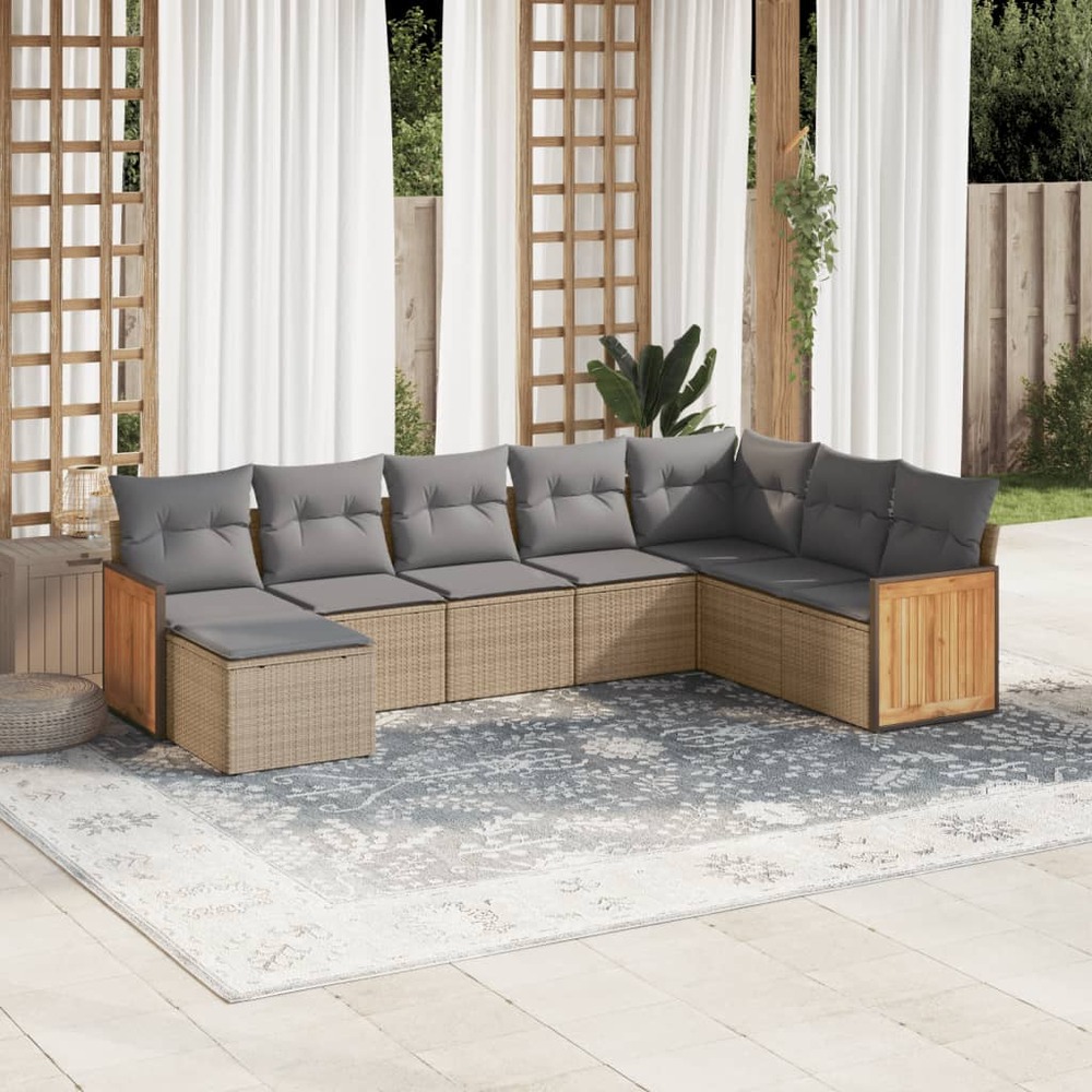 Salon de jardin avec coussins 8 pcs beige résine tressée