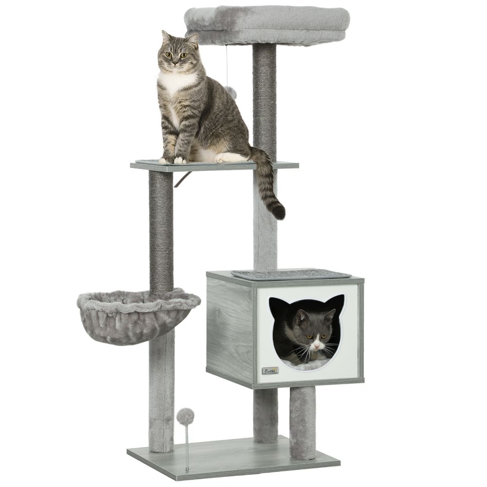Arbre à chat multi-niveaux avec niche hamac et griffoirs en sisal naturel 126 cm gris clair