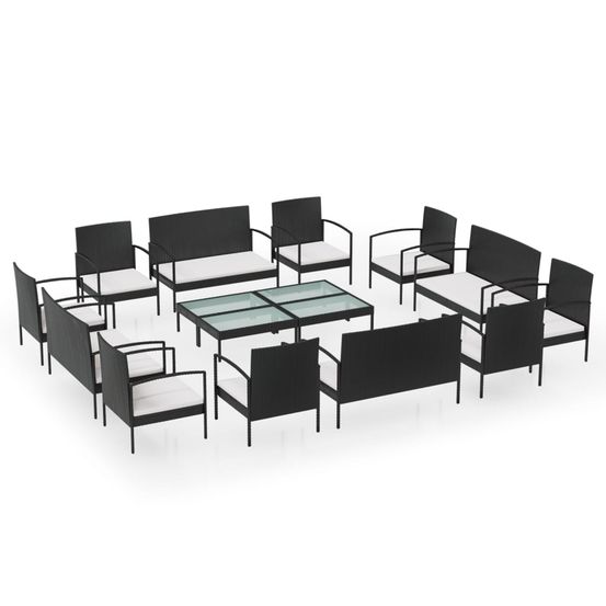 Salon de jardin 16 pcs avec coussins résine tressée noir