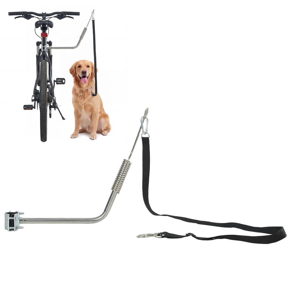 Laisse vélo chien acier inox amortisseur fixation rapide sangle ajustable 180cm argent
