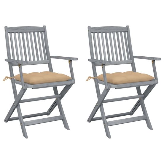 Chaises pliantes (lot de 2) avec coussins, en bois d'acacia massif