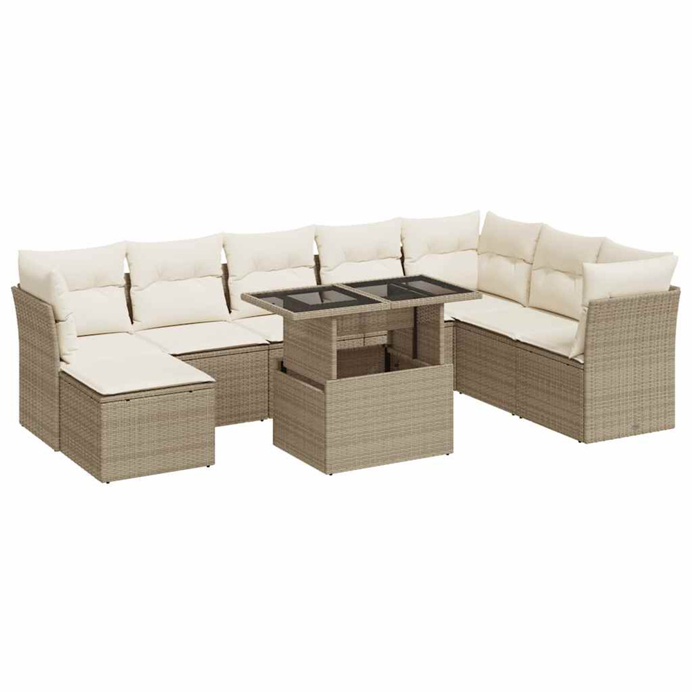 Salon de jardin avec coussins 9 pcs beige résine tressée