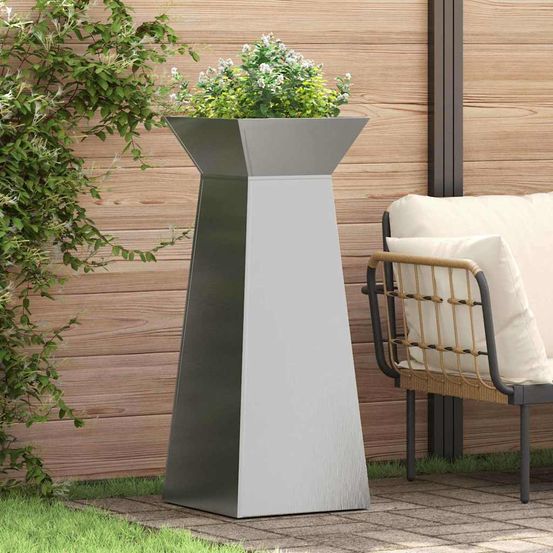 Duo de pots de fleurs hauts forme pilier 100cm, bac jardinière en acier pour extérieur argenté