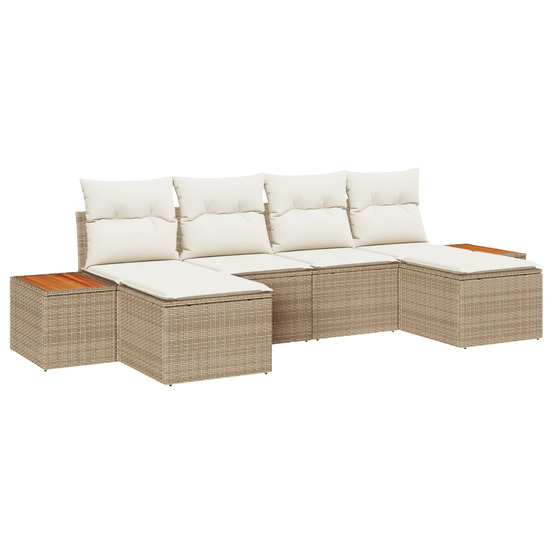 Ensemble de canapé jardin 6 pièces avec coussins beige rattan poly acacia