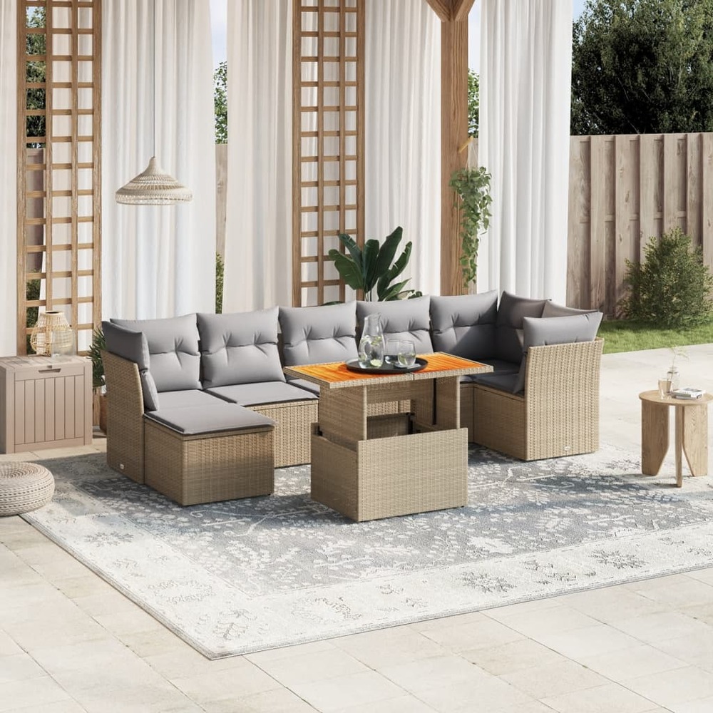 Salon de jardin avec coussins 8 pcs beige résine tressée
