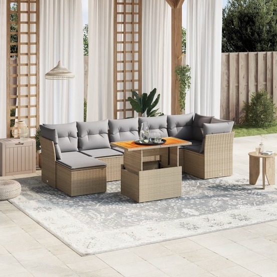Salon de jardin avec coussins 8 pcs beige résine tressée