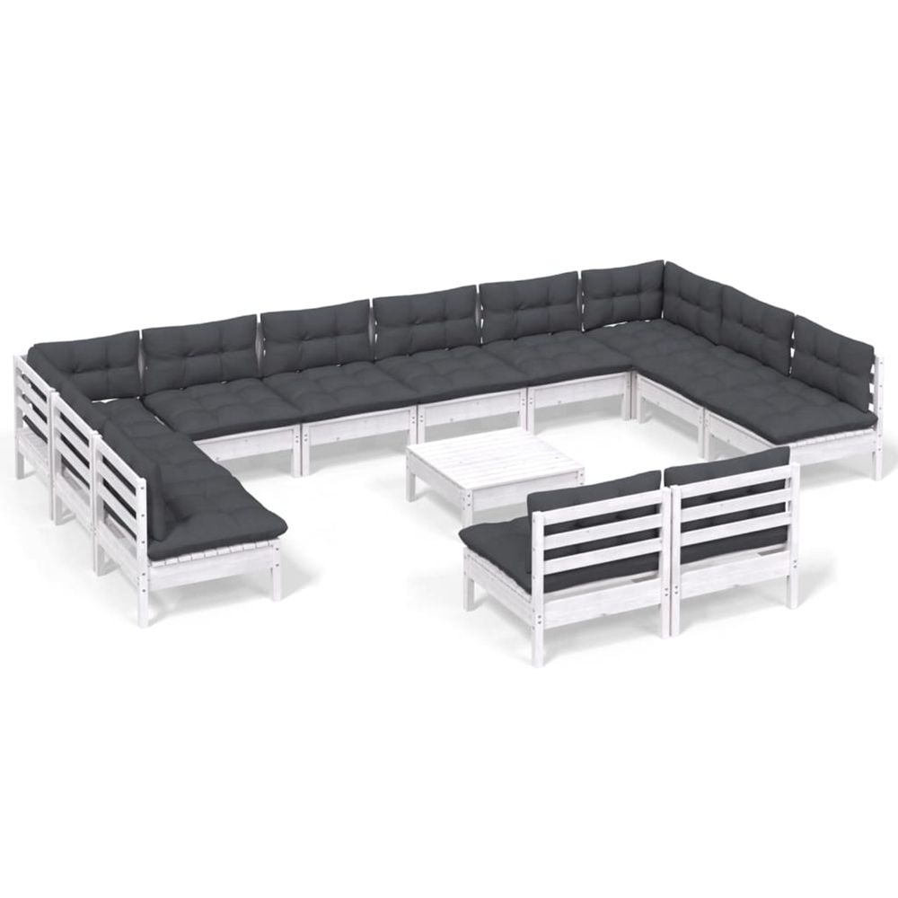 Salon de jardin 13 pcs avec coussins blanc bois de pin solide