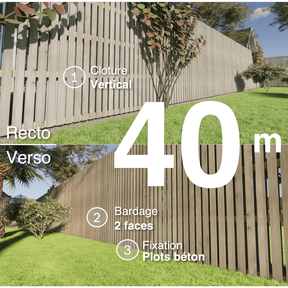 Kit clôture bois moderne 40m – h 2,3m – 20 x 70 mm autoclave gris – pose vertical – double face – à sceller