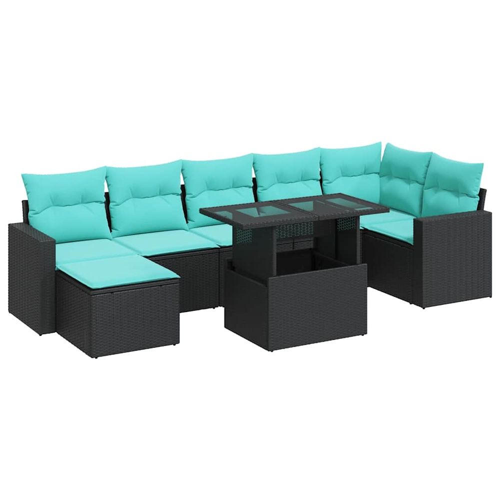 Salon de jardin avec coussins 8 pcs noir résine tressée acacia