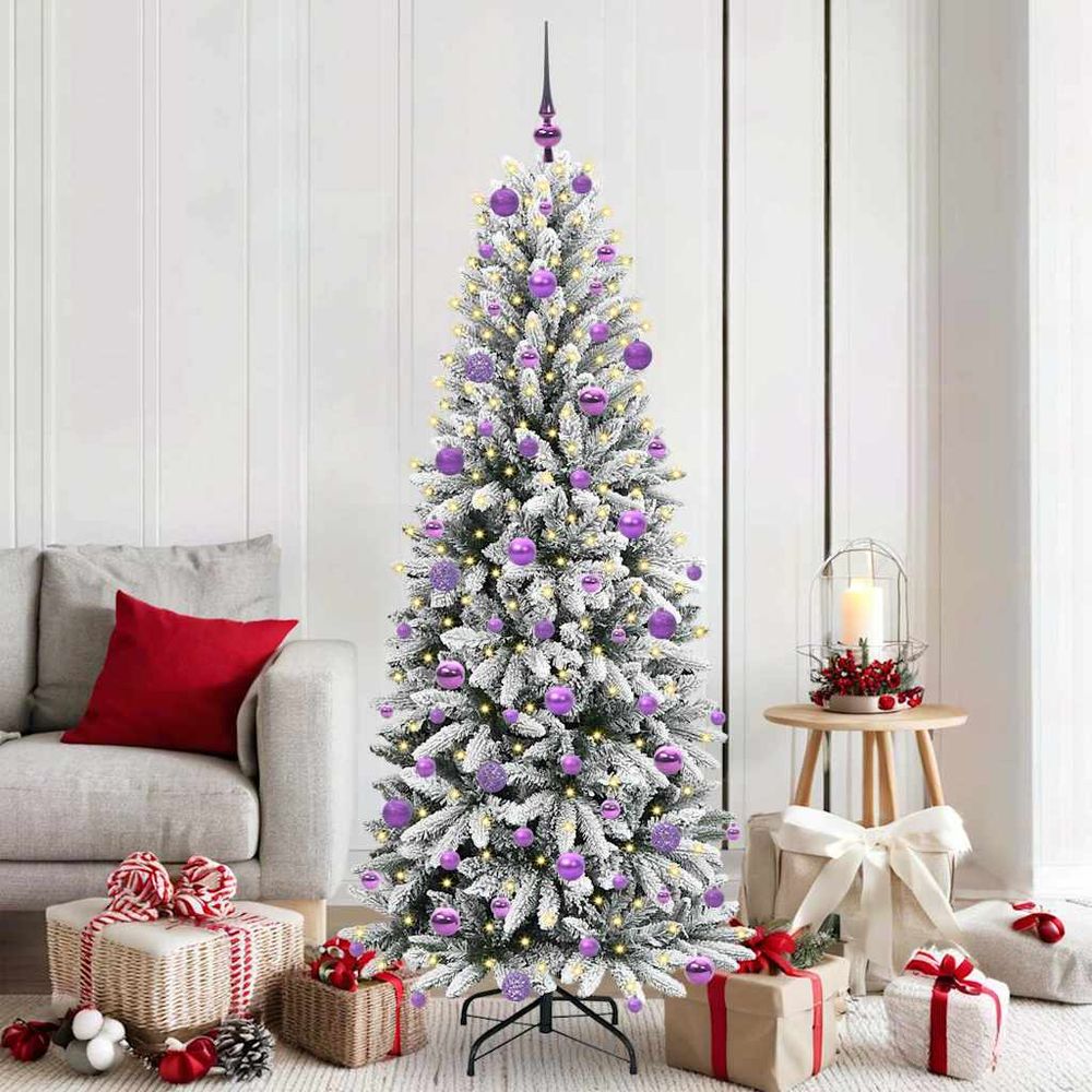 Kit sapin de noël blanc floqué 180 cm, arbre artificiel décoré avec guirlande led et boules